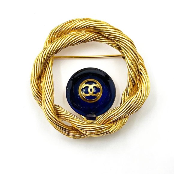 Chanel Vintage Gold Plated CC Blue Stone Rope Wreath Brooch